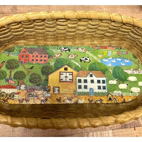 VTG Nantucket Basket Large Oval Hand Painted Folk Village Scene Wood Bottom - Picture 2 of 6